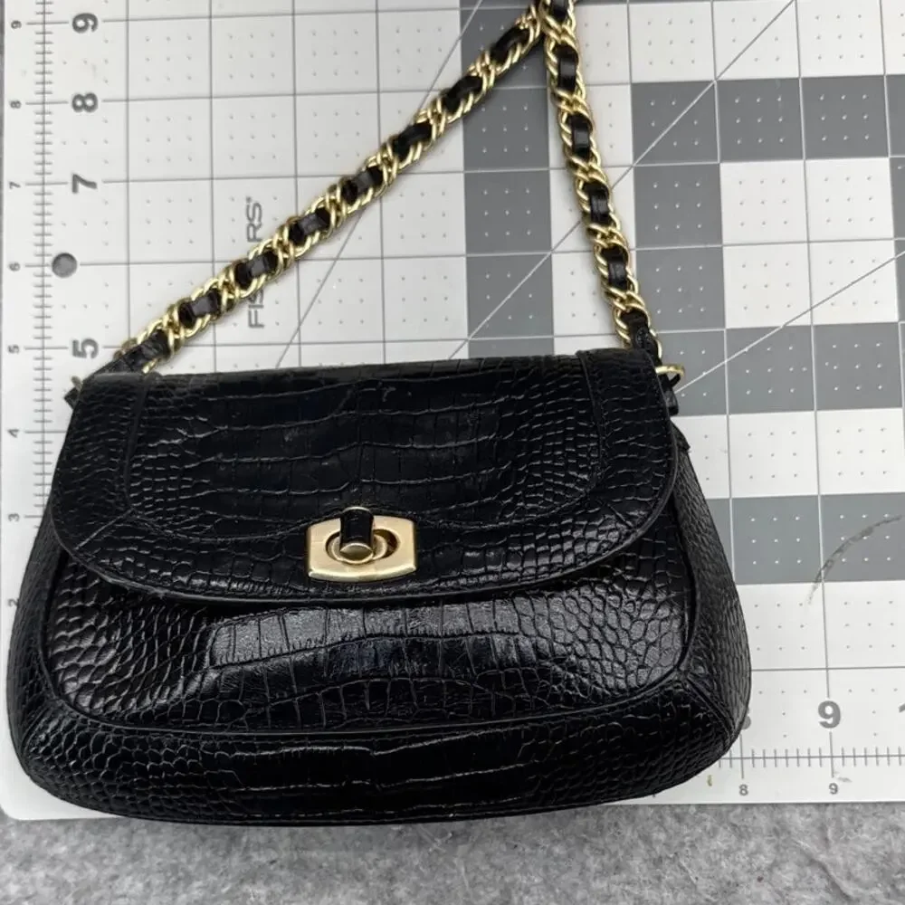 Ann Taylor Black Leather Croc-Embossed Gold Chain Small Shoulder Bag